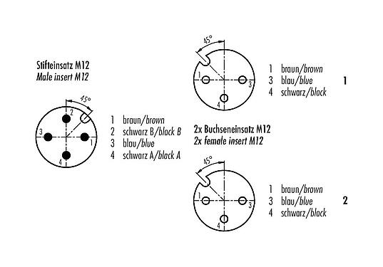 Polbild (Steckseite) 77 9855 3530 50703-0200 - M12 Duostecker - 2 Kabeldosen M12x1, Polzahl: 4/3, geschirmt, am Kabel angespritzt, IP68, PUR, schwarz, 3 x 0,34 mm², 2 m