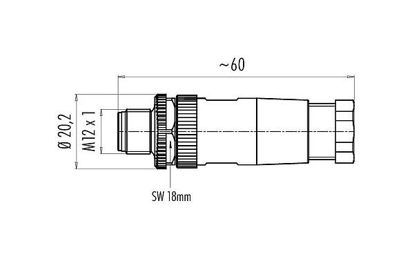 Rysunek z wymiarami 99 0437 105 05 - M12 Męskie złącze kablowe proste, Kontaktów: 5, 6,0-8,0 mm, nieekranowany, zacisk śrubowy, IP67, UL