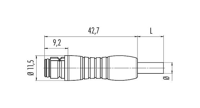 Desenho da escala 79 9258 020 08 - Snap-in Tomada de cabo, Contatos: 8, desprotegido, moldado no cabo, IP67, PUR, preto, 8 x 0,25 mm², 2 m
