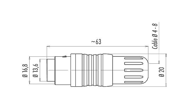 스케일 드로잉 99 4810 00 04 - 푸시풀 케이블 소켓, 콘택트 렌즈: 4, 4.0-8.0mm, 차폐 가능, 솔더, IP67