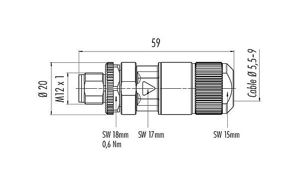Desenho da escala 99 3787 810 08 - M12 Plugue de cabo, Contatos: 8, 5,5-9,0 mm, blindável, IDC, IP67