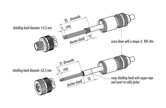 조립 지침 99 3728 810 04 - M12 케이블 소켓, 콘택트 렌즈: 4, 5.0-8.0mm, 차폐 가능, 나사 클램프, IP67, UL