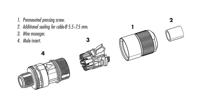 Descrição do item 99 3787 810 08 - M12 Plugue de cabo, Contatos: 8, 5,5-9,0 mm, blindável, IDC, IP67