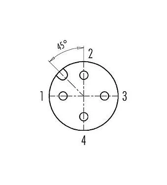 Disposición de los contactos (lado de la conexión) 99 0530 52 04 - M12 Conector hembra en ángulo, Número de contactos: 4, 6,0-8,0 mm, sin blindaje, crimpado (los contactos de crimpado deben pedirse por separado), IP67, UL