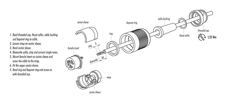 Instrucción de montaje 09 0060 00 05 - Bayoneta Conector de cable hembra, Número de contactos: 5, 5,0-8,0 mm, blindable, soldadura, IP40
