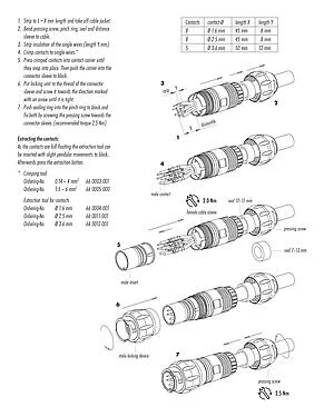 Instrução de montagem 99 6489 000 05 - Baioneta Plugue de cabo, Contatos: 4+PE, 7,0-17,0 mm, desprotegido, crimpado (os contactos de crimpdevem ser encomendados separadamente), IP68/IP69K, UL, VDE