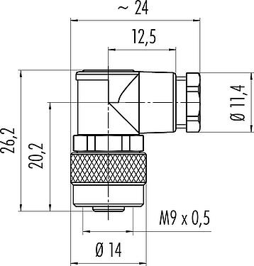 比例图 M9 弯角孔头电缆连接器, 极数: 3, 3.5-5.0mm, 非屏蔽, 焊接, IP67