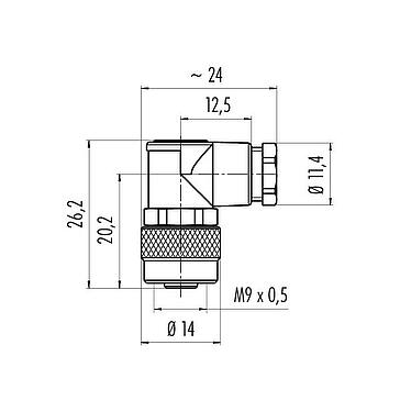 比例图 M9 弯角孔头电缆连接器, 极数: 8, 3.5-5.0mm, 非屏蔽, 焊接, IP67