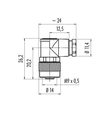 Scale drawing 99 0410 70 04 - M9 Female angled connector, Contacts: 4, 3.5-5.0 mm, unshielded, solder, IP67