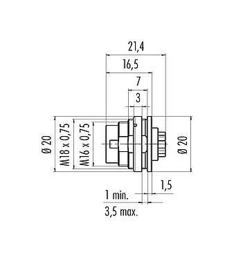 Scale drawing M16 Male panel mount connector, Contacts: 4 (04-a), unshielded, crimping (Crimp contacts must be ordered separately), IP67, UL 2238, M18x0,75, Rear mounting