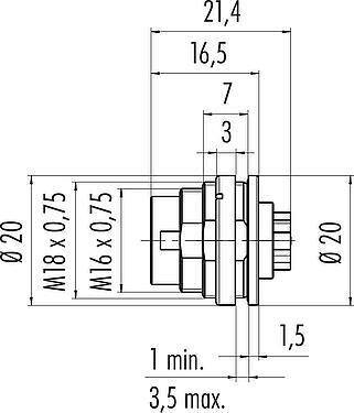 比例图 M16 针头法兰座, 极数: 8 (08-a), 非屏蔽, 压接(压接触点必须单独订购), IP68, UL 2238, 符合AISG, M18x0,75, 後壁安裝