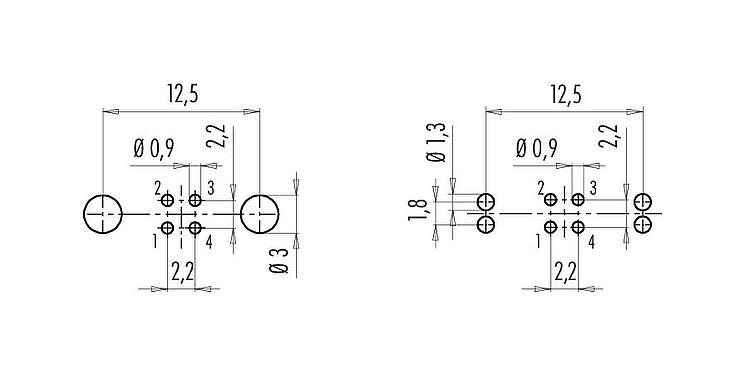 Conductor layout 09 0412 35 04 - M9 Female panel mount connector, Contacts: 4, shieldable, THT, IP67, Front mounting