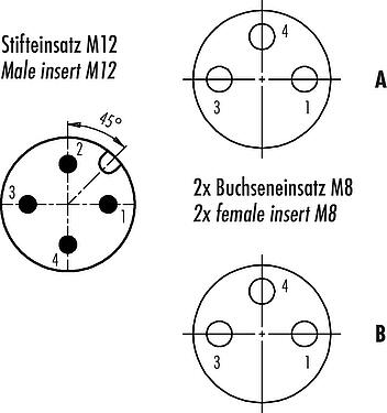 联系安排 (外掛程式側) M12/M8 双分线盒,Y 型分配器, 针头连接器 - 2 孔头连接器, 极数: 4/3, 非屏蔽, 插拔式, IP68, UL 2238, 带LED的PNP