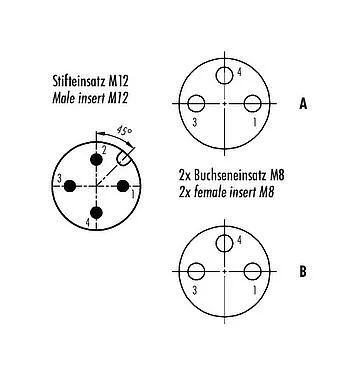 Contact arrangement (Plug-in side) M12/M8 Twin distributors Y-distributor, male connector - 2 female connector, Contacts: 4/3, unshielded, pluggable, IP68, UL 2238