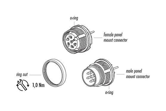 Component part drawing M16 Female panel mount connector, Contacts: 7 (07-a), shieldable, THT, IP67, UL 2238, M18x0,75, Rear mounting