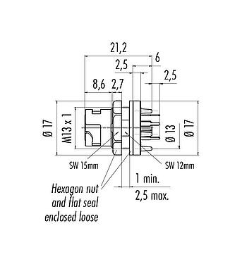 Scale drawing 09 0762 190 05 - Bayonet Female panel mount connector, Contacts: 5, unshielded, THT, IP54 unplugged, Front mounting
