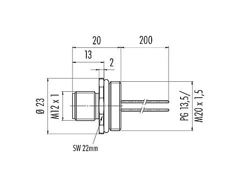 Scale drawing 76 0431 0111 00005-0200 - M12 Male panel mount connector, Contacts: 5, unshielded, single wires, IP68, UL, M20x1.5