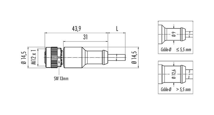 Scale drawing M12 Female cable connector, Contacts: 5, unshielded, moulded on the cable, IP68/IP69K, UL 2238, PVC, grey, 5 x 0.34 mm², 2 m