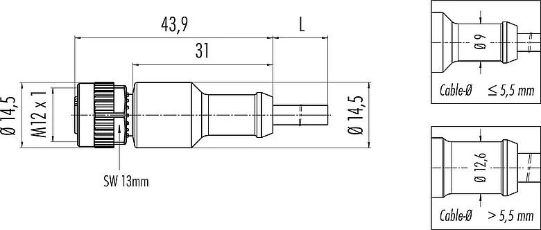 Scale drawing M12 Female cable connector, Contacts: 3, unshielded, moulded on the cable, IP68/IP69K, UL 2238, PVC, grey, 3 x 0.34 mm², 5 m