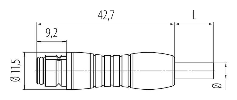 Scale drawing Snap-In Female cable connector, Contacts: 4, unshielded, moulded on the cable, IP67, UL 2238, PUR, black, 4 x 0.25 mm², 2 m