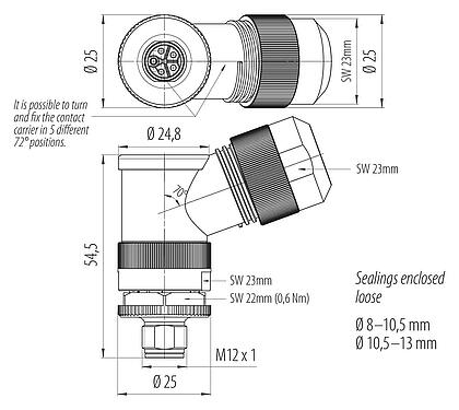 比例图 M12 弯角针头电缆连接器, 极数: 4+PE, 8.0-13.0mm, 非屏蔽, 螺钉接线, IP67, UL 2237正在准备中, 带PE接口