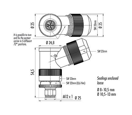 比例图 99 0699 370 05 - M12 弯角针头电缆连接器, 极数: 4+PE, 8.0-13.0mm, 非屏蔽, 螺钉接线, IP67, UL 2237正在准备中, 带PE接口