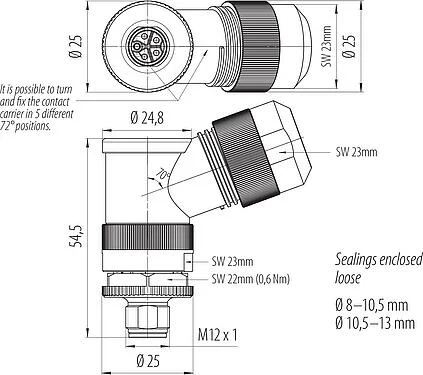 比例图 M12 弯角针头电缆连接器, 极数: 4+PE, 8.0-13.0mm, 非屏蔽, 螺钉接线, IP67, UL 2238