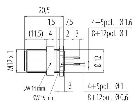 比例图 M12 针头法兰座, 极数: 12, 非屏蔽, THT, IP68, UL 2238, M12x1.0, 後壁安裝, 模压成型