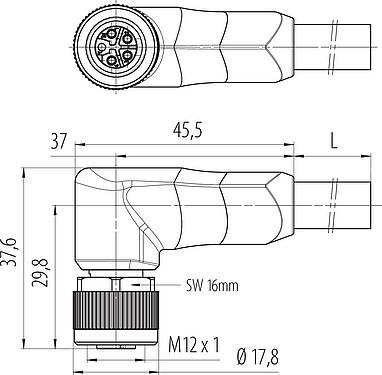 比例图 M12 弯角孔头电缆连接器, 极数: 4+FE, 非屏蔽, 预铸电缆, IP68, UL 2238, PUR, 黑色, 5x1.50mm², 2m