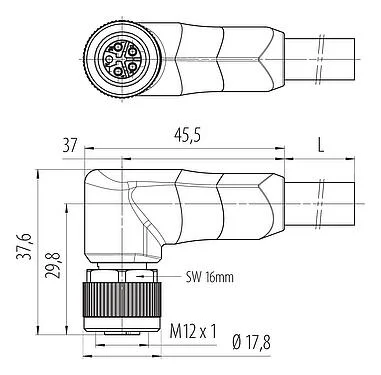 比例图 77 0654 0000 50505-0200 - M12 弯角孔头电缆连接器, 极数: 4+FE, 非屏蔽, 预铸电缆, IP68, UL 2238, PUR, 黑色, 5x2.50mm², 2m