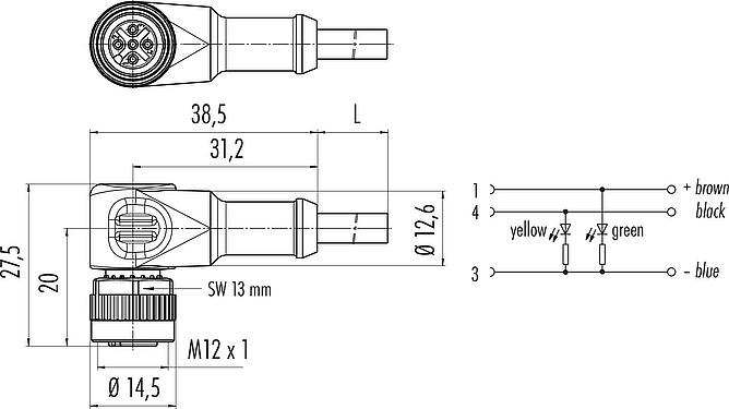 Scale drawing M12 Female angled connector, Contacts: 3, unshielded, moulded on the cable, IP68/IP69K, UL 2238, PVC, grey, 3 x 0.34 mm², with LED PNP, 5 m