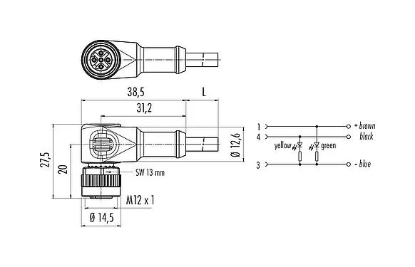 比例图 M12 弯角孔头电缆连接器, 极数: 3, 非屏蔽, 预铸电缆, IP68/IP69K, UL 2238, PVC, 灰色, 3x0.34mm², 带LED的PNP, 5m