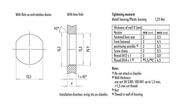 Assembly instructions / Panel cut-out 09 3732 87 04 - Female panel mount connector, Contacts: 4, unshielded, single wires, IP67, PG 9, front fastened