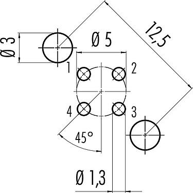 Conductor layout M12 Female panel mount connector, Contacts: 4, shieldable, THT, IP68, UL 2238, PG 9, Rear mounting, potted