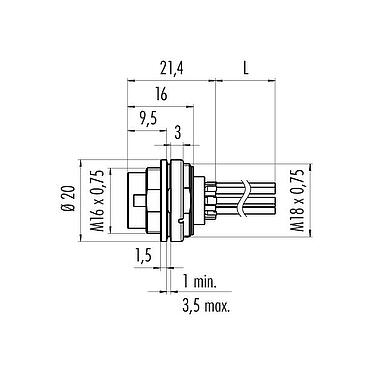 Scale drawing M16 Male panel mount connector, Contacts: 4 (04-a), unshielded, single wires, IP67, UL 2238, M18x0,75, Front mounting