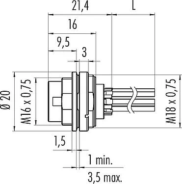 比例图 M16 针头法兰座, 极数: 5 (05-a), 非屏蔽, 带导线, IP67, UL 2238, M18x0,75, 板前安装