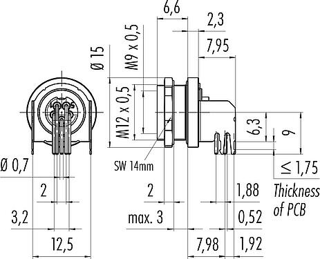 Scale drawing M9 Female angled panel mount connector, Contacts: 2, shieldable, THT, IP67, Rear mounting, potted