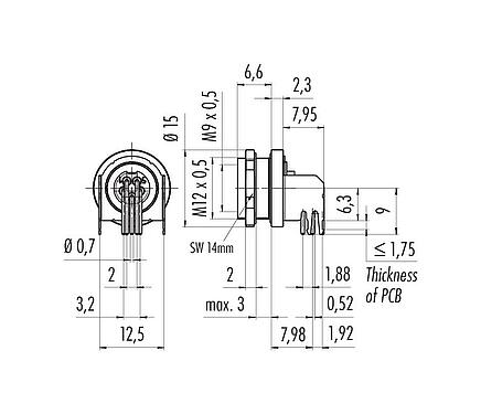 Scale drawing 09 0416 55 05 - M9 Female angled panel mount connector, Contacts: 5, shieldable, THT, IP67, Front mounting
