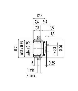 比例图 M16 孔头法兰座, 极数: 8 (08-a), 非屏蔽, THT, IP40, M18x0,75, 後壁安裝