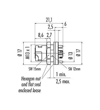 Scale drawing Bayonet Female panel mount connector, Contacts: 5, unshielded, solder, IP54 unplugged, M13x1,0, Rear mounting