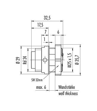 Scale drawing RD24 Male panel mount connector, Contacts: 3+PE, unshielded, screw clamp, IP67, UL, ESTI+, VDE, Front mounting