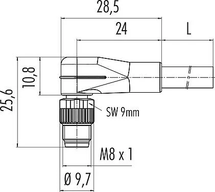 比例图 M8 弯角针头电缆连接器, 极数: 5, 非屏蔽, 预铸电缆, IP67, UL 2238, PVC, 灰色, 5x0.34mm², 5m