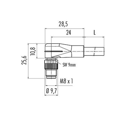 Scale drawing 77 3403 0000 50005-0500 - M8 Male angled connector, Contacts: 5, unshielded, moulded on the cable, IP67, UL, PUR, black, 5 x 0.34 mm², 5 m