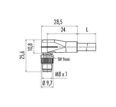 Scale drawing M8 Male angled connector, Contacts: 8, unshielded, moulded on the cable, IP67/IP69K, UL 2238, PUR, black, 8 x 0.25 mm², 2 m