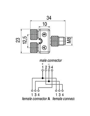 比例图 79 5280 00 04 - M8/M8 双分线盒,Y 型分配器, 针头连接器 - 2  孔头连接器, 极数: 4/3, 非屏蔽, 插拔式, IP68, UL