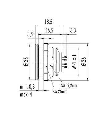 Scale drawing Push Pull Male panel mount connector, Contacts: 19, shieldable, solder, IP67, M21x1,0, Front mounting