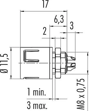 Scale drawing Snap-In Male panel mount connector, Contacts: 4, unshielded, solder, IP67, UL 2238, M8x0,75, Front mounting