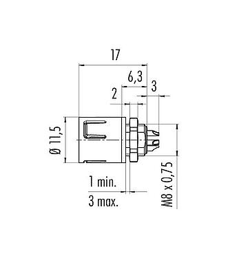 Scale drawing Snap-In Male panel mount connector, Contacts: 3, unshielded, solder, IP67, M8x0,75, Front mounting
