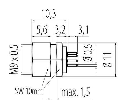 Scale drawing 09 0482 22 08 - M9 Female panel mount connector, Contacts: 8, unshielded, THT