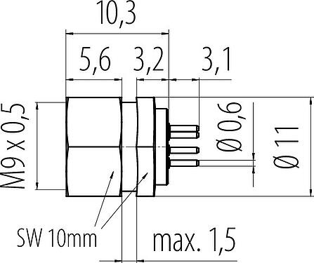 Scale drawing M9 Female panel mount connector, Contacts: 8, unshielded, THT, M9x0,5, Front mounting